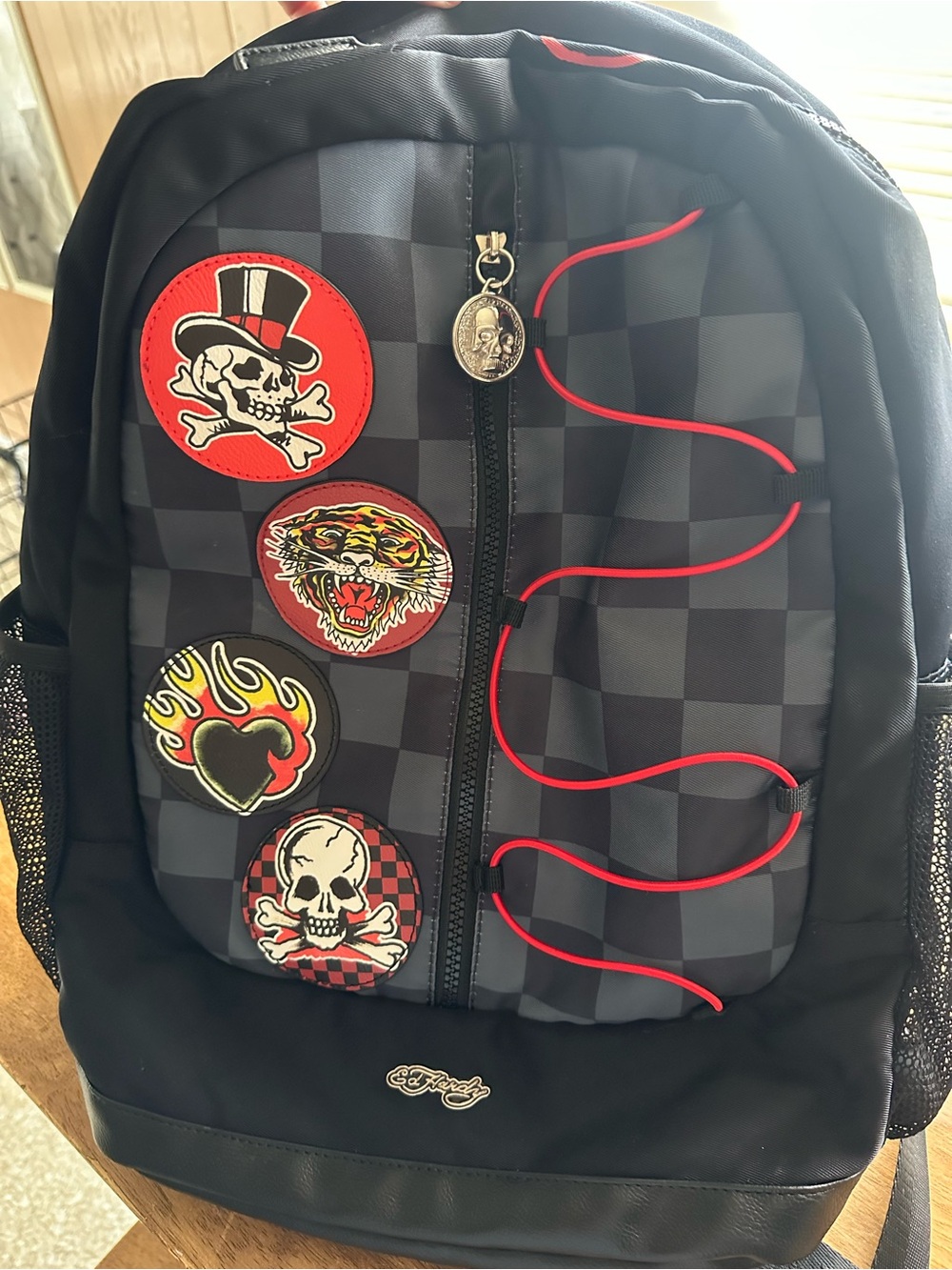 Ed Hardy Black & Red Checkerboard Skull Patch Backpack